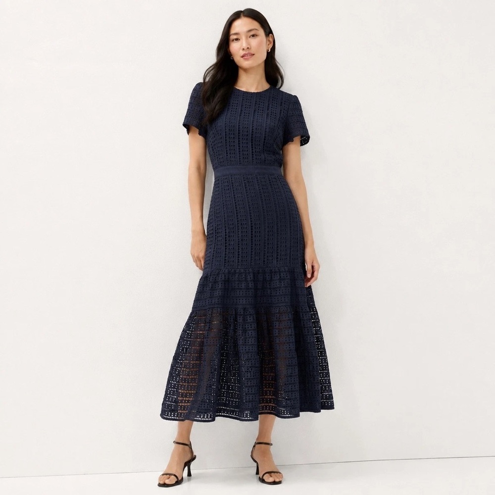 Navy Eyelet Midi Dress - Women